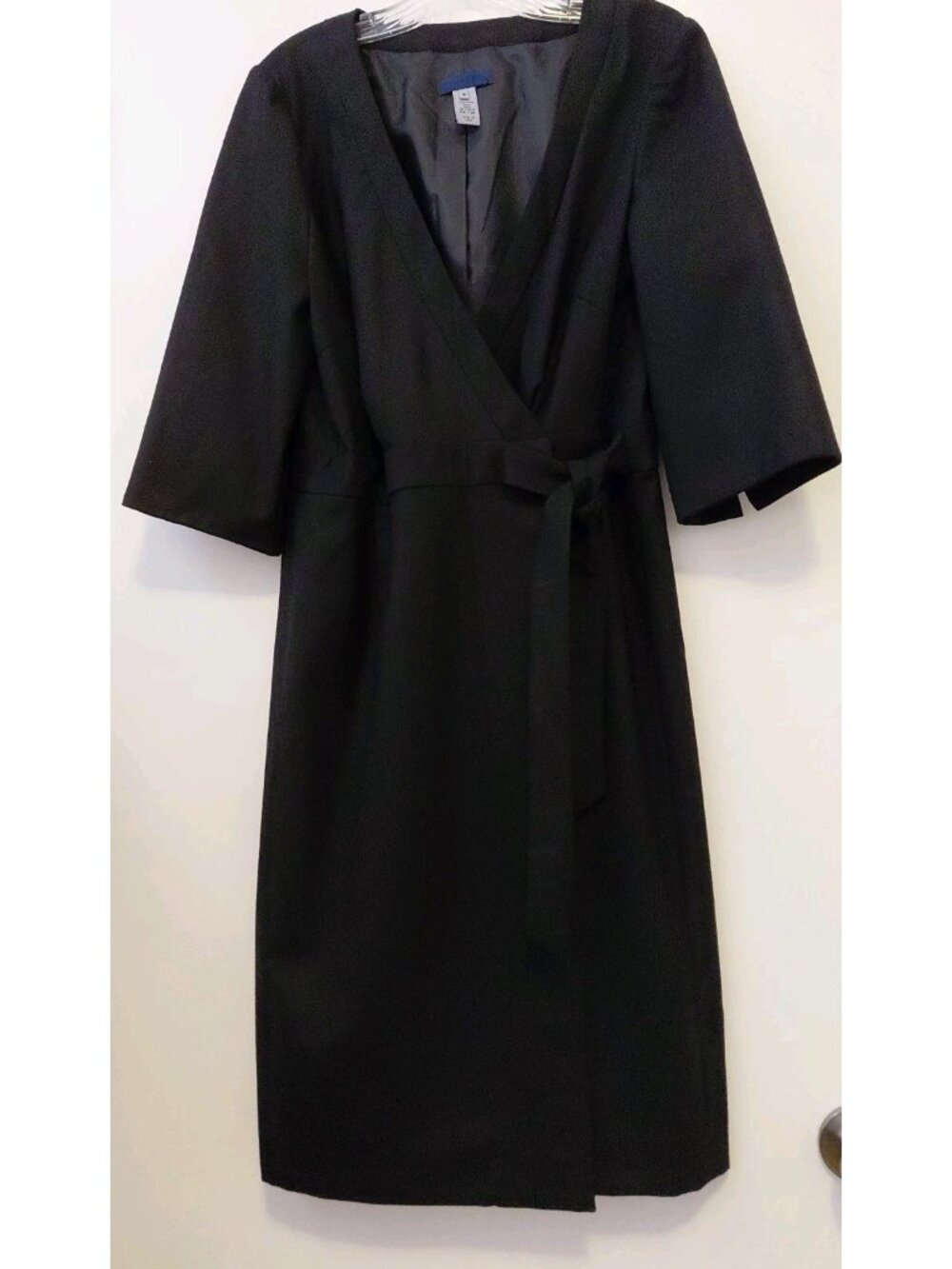 J. Crew Corporate Wrap Dress 100% Wool Tie Front 3/4 Sleeves Black Size 10